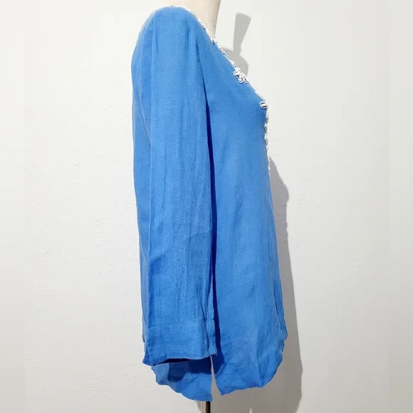 Lilly Pulitzer Linen Tunic Top Blue White Embroidered V-Neck Long Sleeve Size S - Picture 4 of 15